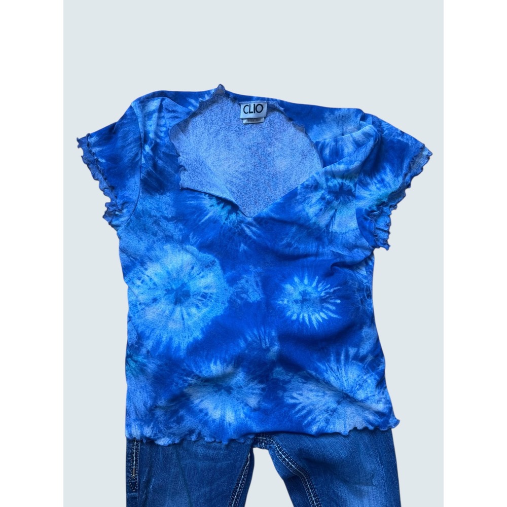Clio Womens Blue Tie Dye V-Neck Short Sleeve Top Size Medium Y2K Vintage